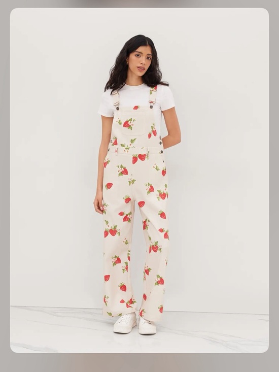 Cider Pants - COTTON-BLEND SQUARE NECK STRAWBERRY WIDE LEG JUMPSUIT OVERALLS M